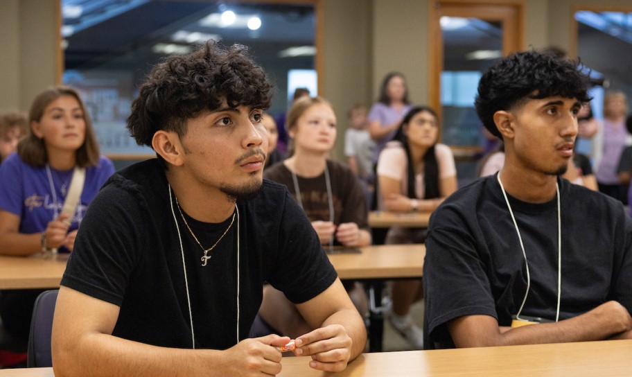 A group of students in class on campus