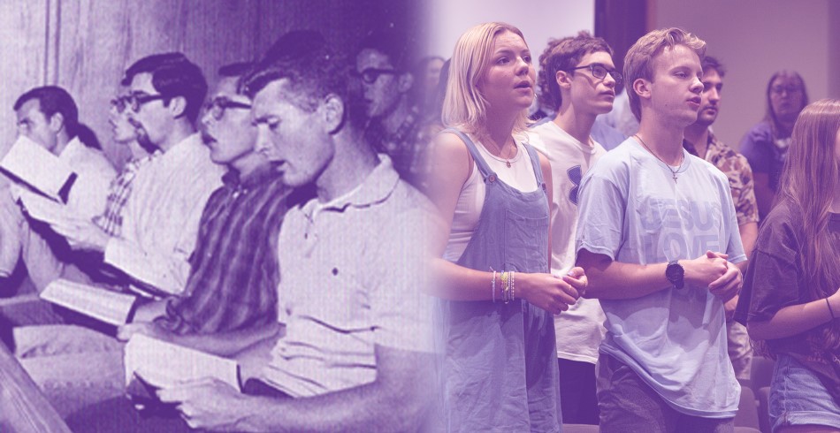 A side by side of people in worship in chapel from 1926 and 2026