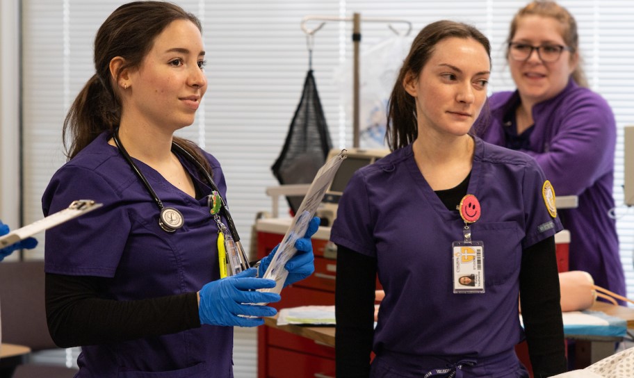 Nursing students in a sim lab