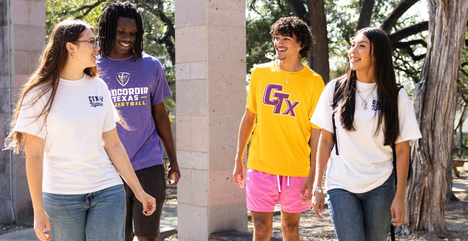 Four students getting to know each other at Concordia University Texas